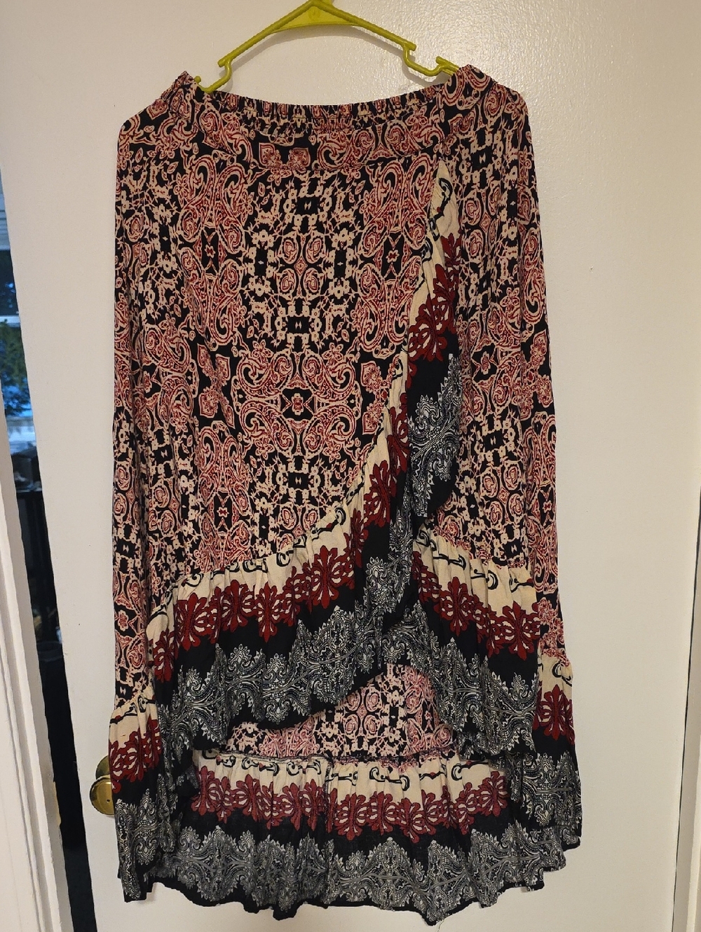 She In Bohemian Printed Tiered Midi Skirt in Black, Cream & Burgundy